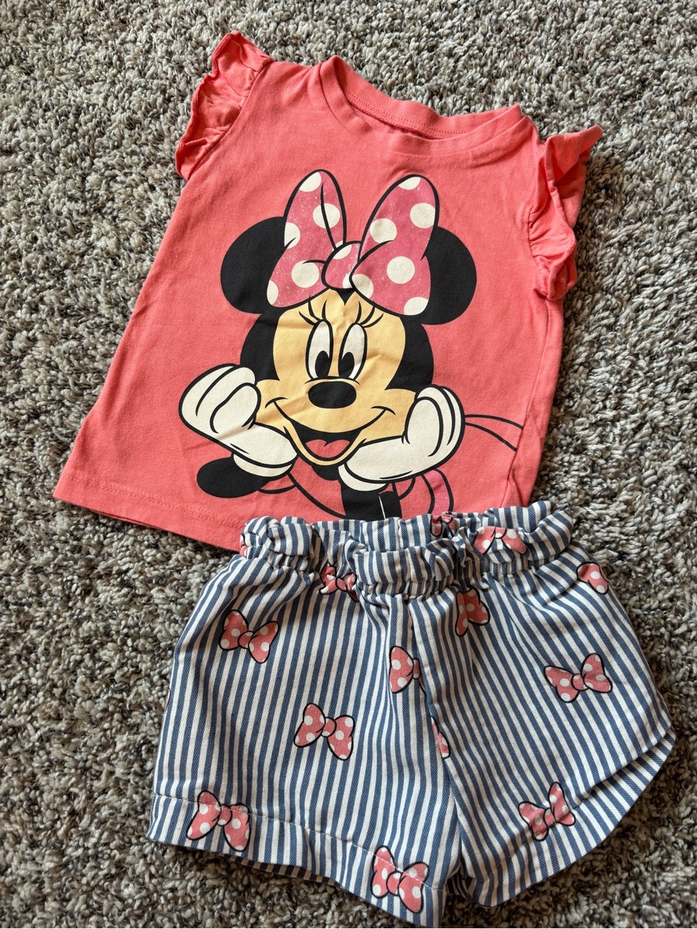 Disney Minnie Mouse Girls Coral Pink Top & Blue Stripe Shorts Matching Set